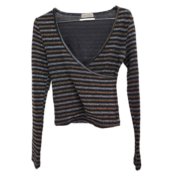 Urban Outfitters Womens Crop Top Size Small Black Gold Striped Metallic Surplice - Picture 1 of 8